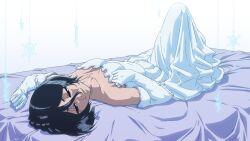 Rule 34 | 1girl, accurate portrayal, alternate hairstyle, anime coloring, antoniomalara, bare shoulders, bed, bed sheet, black hair, bleach, bleach: sennen kessen-hen, breasts, collarbone, detached sleeves, dress, female focus, gloves, hair between eyes, happy, head tilt, highres, indoors, knee up, kuchiki rukia, leather, leather gloves, long dress, long glove, looking to the side, lying, medium hair, official style, on back, pale skin, petite, purple sheet, shiny skin, short hair, skinny, small breasts, smile, snowflake ornament, snowflakes, solo, v-shaped eyebrows, white background, white dress