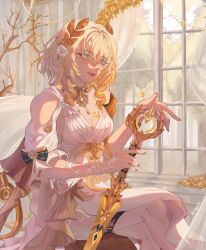 1girl aglaea_(honkai:_star_rail) blonde_hair breast_tattoo breasts cleavage commentary crossed_legs english_commentary flower gold_tattoo hair_flower hair_ornament highres holding holding_sword holding_weapon honkai:_star_rail honkai_(series) iceyzumii indoors large_breasts laurel_crown short_hair sitting solo sword tattoo thigh_strap twitter_username weapon window