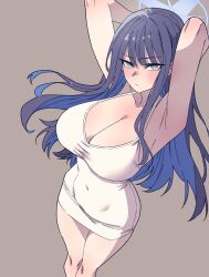 1girl :/ absurdres alternate_costume anygatsby armpits arms_behind_head arms_up bare_legs blue_archive blue_hair blush breasts cleavage collarbone colored_inner_hair covered_navel dress feet_out_of_frame grey_background halo highres large_breasts long_hair looking_at_viewer multicolored_hair number-only_commentary saori_(blue_archive) simple_background sleeveless sleeveless_dress solo straight_hair taut_clothes taut_dress two-tone_hair very_long_hair white_dress