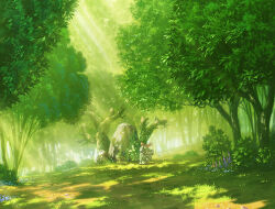 Rule 34 | 1girl, bird, blue flower, brown hair, bush, dappled sunlight, day, dress, fantasy, flower, forest, grass, green theme, light rays, long hair, nature, original, outdoors, path, plant, purple flower, road, rock, scenery, solo, standing, statue, sunbeam, sunlight, tree, very wide shot, yamakou (yamakou e2)
