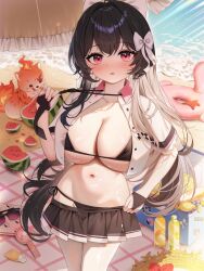 1girl absurdres arme_(cgsy7484) beach bikini bikini_under_clothes black_bikini black_gloves black_hair black_skirt blush bow breasts cleavage commentary commission cooler cowboy_shot creature cropped_shirt day fingerless_gloves food fruit gloves hair_bow handheld_electric_fan hat highres holding_necktie innertube large_breasts long_hair looking_at_viewer lotion microskirt navel open_clothes open_shirt original outdoors parted_lips picnic_blanket plastic_bottle pleated_skirt red_eyes sand shirt shore short_sleeves skirt solo stomach straw_hat sun_hat sunglasses sunscreen swim_ring swimsuit unworn_eyewear unworn_hat unworn_headwear very_long_hair watermelon white_bow white_shirt