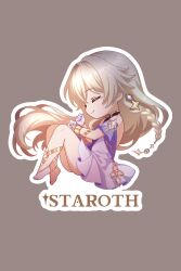 1girl bare_shoulders barefoot braid character_name chibi closed_eyes commentary english_commentary english_text full_body genshin_impact highres istaroth_(genshin_impact) jewelry long_hair lying on_side outline pearlgodaymen simple_background sleeping smile solo star_(symbol) very_long_hair white_hair white_outline