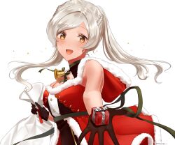 1girl :d alternate_costume asymmetrical_bangs bare_shoulders bell black_gloves blush bow box braid breasts buttons choker christmas cleavage commentary_request crown_braid dress female_robin_(fire_emblem) fire_emblem fire_emblem_awakening fur-trimmed_gloves fur_trim gift gift_bag gift_box gloves green_choker highres holding holding_gift hood hood_down long_hair looking_at_viewer medium_breasts medium_hair niko_(aiai03012) nintendo open_mouth outstretched_hand palms parted_bangs reaching reaching_towards_viewer ribbon ribbon_choker robe sack santa_costume simple_background sleeveless smile solo sparkle star_(symbol) swept_bangs teeth twintails upper_teeth_only waist_bow white_background white_hair yellow_eyes