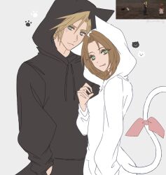 1boy 1girl aerith_gainsborough animal_ear_hood baggy_clothes black_cat black_fur black_hoodie blonde_hair blue_eyes breasts brown_hair cat cat_tail closed_mouth cloud_strife fake_animal_ears final_fantasy final_fantasy_vii final_fantasy_vii_ever_crisis game_screenshot_inset green_eyes grey_background hair_between_eyes hood hood_up hoodie hu_manbee_ing light_smile long_hair looking_at_viewer medium_breasts ribbon short_hair tail tail_ornament tail_ribbon tongue tongue_out upper_body white_cat white_fur white_hoodie