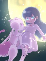 1girl amber_(pokemon) ambertwo_(pokemon) blue_eyes gen_1_pokemon highres legendary_pokemon looking_at_another mewtwo moon nintendo pokemon pokemon:_the_first_movie_-_mewtwo_strikes_back pokemon_(anime) pokemon_(classic_anime) pokemon_(creature) purple_eyes sparkle tail yonayonayona2