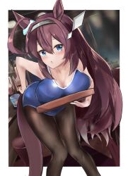 Rule 34 | 1girl, absurdres, aramocyaillust, arm behind back, blue eyes, breasts, hand on own hip, hands on own hips, highres, holding, holding tray, horse girl, long hair, mihono bourbon (umamusume), pantyhose, pantyhose under swimsuit, red hair, solo, swimsuit, tagme, tray, umamusume