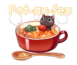 broccoli cat cherry_tomato commentary_request cup food food_focus food_name no_humans original pot-au-feu simple_background soup spoon suzaku_(zaku6584) tomato white_background