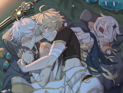 1girl 2boys aether_(genshin_impact) ahjojing bandaid bandaid_on_face bandaid_on_nose bennett_(genshin_impact) blonde_hair camping closed_eyes commentary english_commentary genshin_impact goggles highres implied_yaoi male_focus multiple_boys night nose_bubble open_mouth outdoors paimon_(genshin_impact) romper scar scar_on_arm snoring spooning teeth unworn_goggles white_romper yaoi