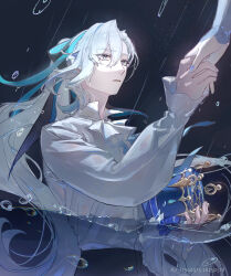 Rule 34 | 1boy, 1girl, absurdres, aji 11300913, blue hair, blue ribbon, collared shirt, commentary request, dark background, dated, fingernails, furina (genshin impact), genshin impact, hair between eyes, hair ribbon, highres, holding, holding hands, in water, long hair, looking at another, looking up, male focus, multicolored hair, neuvillette (genshin impact), parted lips, partial commentary, purple eyes, ribbon, shirt, slit pupils, solo focus, twitter username, two-tone hair, upper body, very long hair, wet, white hair, white shirt