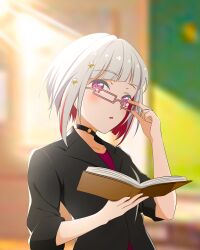 1girl :o absurdres black_choker black_jacket blurry blurry_background bob_cut book choker colored_inner_hair commentary diagonal_bangs glasses grey_hair hair_ornament highres holding holding_book indoors inverted_bob jacket kujo_awenn link!_like!_love_live! love_live! multicolored_hair o-ring o-ring_choker open_book open_mouth parted_lips pink-framed_eyewear pink_eyes rectangular_eyewear red_hair red_shirt shirt short_hair sleeves_rolled_up solo star_(symbol) star_hair_ornament streaked_hair suit_jacket teacher three-quarter_sleeves upper_body virtual_youtuber yugiri_tsuzuri