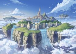 above_clouds blue_sky bridge castle cloud cloudy_sky commentary_request day dome fantasy floating_island forest gradient_sky hasumi_yuuki highres landscape mountain nature no_humans original outdoors river rock scenery sky tower tree water waterfall