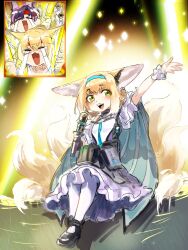 1boy 1girl 2others alternate_costume animal_ears arknights arm_up blonde_hair chinese_commentary closed_eyes commentary_request crying doctor_(arknights) dress earpiece fan_screaming_at_madison_beer_(meme) fox_boy fox_ears fox_girl fox_tail frilled_dress frills glowstick green_eyes highres holding holding_glowstick holding_microphone hou_tou_mao_gu husband_and_wife kitsune kyuubi meme microphone multiple_others multiple_tails music open_mouth purple_dress purple_hair short_hair singing sitting suzuran&#039;s_father_(arknights) suzuran_(arknights) tail teeth upper_teeth_only vulpisfoglia_(arknights)