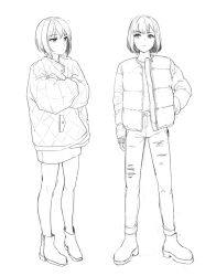Rule 34 | 2girls, aoba moca, bamboo9545, bang dream!, boots, closed mouth, commentary request, crossed arms, denim, earrings, greyscale, jacket, jeans, jewelry, long sleeves, looking at another, mitake ran, monochrome, multiple girls, pants, pencil skirt, short hair, skirt, torn clothes, torn jeans, torn pants