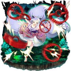 &gt;_&lt; animal_ears bare_shoulders bear_trap bow fang frills game_cg grey_tail highres jewelry mitsugashira_enoko multiple_tails official_art open_mouth pink_skirt purple_shirt rainbow_print red_nails rotte_(1109) shirt short_hair skirt smile tail third-party_source touhou touhou_lostword transparent_background white_hair wolf_ears wolf_tail