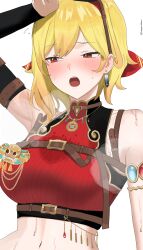 1girl absurdres armpit_crease armpits bare_shoulders blonde_hair breasts crop_top earrings goggles goggles_on_head hairband highres hololive hololive_indonesia jewelry kaela_kovalskia kaela_kovalskia_(4th_costume) kongarisalmon large_breasts midriff navel open_mouth red-tinted_eyewear red_eyes red_hairband red_shirt shirt simple_background sleeveless sleeveless_shirt solo sweat tinted_eyewear very_sweaty virtual_youtuber white_background