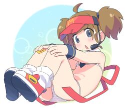 1girl :o ahoge back_bow bikini blue_eyes blue_necktie blue_wrist_cuffs bow brown_hair collar detached_collar flat_chest full_body gauze_on_knee hands_on_own_knees hat headset hiro_hiroki imadake_dabuchi_tabemi loli mcdonald&#039;s multicolored_bikini navel necktie open_mouth pink_bikini red_bow red_hat red_shoes shoes short_hair short_twintails sneakers socks solo stomach striped_bikini striped_clothes swimsuit twintails two-tone_bikini visor_cap white_bikini white_collar white_socks wrist_cuffs