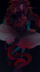 1boy aura bare_pectorals black_footwear blue_eyes body_fur brown_fur dragon_ball dragon_ball_gt floating fusion fusion_dance glowing glowing_eyes gogeta head_rest crossed_legs looking_at_viewer male_focus metamoran_vest monkey_boy monkey_tail ommmyoh pants pectorals red_fur red_hair shaded_face solo super_saiyan super_saiyan_4 tail white_pants