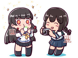 Rule 34 | + +, artist logo, asymmetrical legwear, black hair, black skirt, blue sailor collar, braid, camera, chibi, dated, eating, hair ribbon, isokaze (kancolle), isonami (kancolle), kanji connection, kantai collection, kneehighs, kutone shirika, logo, long hair, low twintails, name connection, neckerchief, pleated skirt, red eyes, ribbon, sailor collar, sailor shirt, school uniform, serafuku, shirt, simple background, single kneehigh, single sock, single thighhigh, skirt, socks, standing, taking picture, thighhighs, tress ribbon, twin braids, twintails, uneven legwear, white background, white shirt, yellow neckerchief