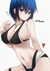 1girl bare_arms bare_shoulders bikini black_bikini blue_eyes blue_hair blush breasts ciel_(tsukihime) collarbone hair_between_eyes head_tilt highres looking_at_viewer medium_breasts navel short_hair simple_background sitting smile solo swimsuit tsukihime twitter_username vent_vert_(kuuya) white_background