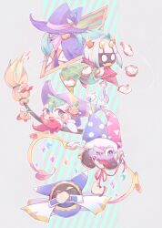 :d ^_^ blank_eyes blue_hair blue_headwear blunt_bangs blush broom broom_riding brown_footwear cape cloak closed_eyes commentary_request crystal drawcia extra_hands fangs gloves green_cape green_eyes green_hair grey_background gryll_(kirby) hand_up hat high_heels horns jester_cap kirby_(series) laughing long_hair looking_at_viewer magolor marx_(kirby) marx_(true_form)_(kirby) midooka_(o_k_k) nintendo no_humans open_mouth pepper_(kirby) pink_ribbon polka_dot purple_cloak purple_headwear rayman_limbs red_footwear red_headwear red_scarf ribbon salt_(kirby) scarf shoes short_hair silk simple_background skin_fangs smile spider_web star_(symbol) sugar_(kirby) taranza tongue tongue_out triangle_print two-tone_headwear u_u v-shaped_eyebrows white_cloak white_gloves white_hair wings witch_hat yellow_eyes yellow_horns