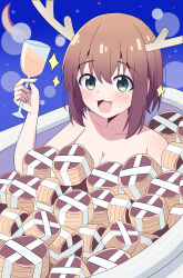 1girl absurdres antlers bathtub breasts brown_hair cleavage cracker cup deer_antlers deer_cracker deer_girl drink drinking_glass food green_eyes highres holding holding_cup horns hosinonana light_blush open_mouth shikanoko_noko shikanoko_nokonoko_koshitantan solo wine_glass