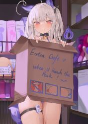 1girl absurdres ahoge artificial_vagina box cardboard_box collarbone cuffs dildo grey_hair handcuffs highres long_hair niliu_chahui original pink_eyes pussy_juice sex_toy solo