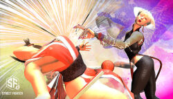 2girls a.k.i._(street_fighter) bare_legs breasts brown_hair catfight fatal_fury fighting fingernails hand_fan highres holding holding_fan lipstick long_fingernails makeup multiple_girls ninja no_bra obi punching ryona saliva sash shiranui_mai sideboob snake street_fighter street_fighter_6 symbolism white_hair