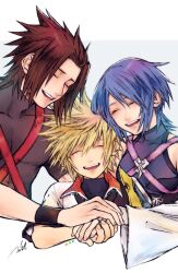 1girl 2boys ^_^ aqua_(kingdom_hearts) armband bare_shoulders black_armband black_shirt blonde_hair blue_hair brown_hair chest_harness closed_eyes compression_shirt covered_collarbone covered_pectorals detached_sleeves hair_behind_ear harness holding_hands kingdom_hearts kingdom_hearts_birth_by_sleep mim_(mimya0600) multiple_boys open_mouth parted_bangs partially_unzipped pectorals shirt short_hair signature sleeveless teeth terra_(kingdom_hearts) upper_teeth_only ventus_(kingdom_hearts) white_background wing_collar zipper
