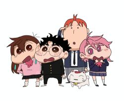 Rule 34 | 2boys, 2girls, antenna hair, ayase momo, bell, black hair, black jacket, black necktie, blue jacket, blush, bow, bowtie, brown eyes, brown hair, cat, chibi, chibi only, collared shirt, cowlick, dandadan, earrings, enjoji jin, gakuran, glasses, hair between eyes, highres, jacket, jewelry, loose socks, medium hair, multiple boys, multiple girls, neck bell, necktie, orange hair, parted bangs, pink eyes, pink hair, pink sweater, pleated skirt, red bow, red bowtie, round eyewear, school uniform, shading eyes, shiratori aira (dandadan), shirt, short hair, skirt, socks, sweatdrop, sweater, takakura ken (dandadan), tamatan97, turbo granny (dandadan), usui yoshito (style), wavy mouth, white background, white shirt
