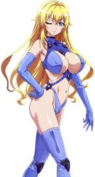 1girl absurdres blonde_hair blue_eyes bodysuit breasts cleavage covered_erect_nipples hand_on_own_hip highres large_breasts lips long_hair looking_at_viewer masou_gakuen_hxh miyai_kana navel official_art one_eye_closed pink_lips seductive_smile smile solo thick_thighs thighhighs thighs thong yurishia_farandole