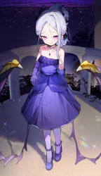 Rule 34 | 1girl, absurdres, bare shoulders, bead necklace, beads, black horns, blue archive, blue dress, cloud, collarbone, dress, elbow gloves, evening gown, full body, gloves, highres, hina (blue archive), hina (dress) (blue archive), horns, jewelry, looking at viewer, low wings, medium hair, necklace, official alternate costume, outdoors, purple gloves, purple wings, solo, somray, standing, white hair, wings