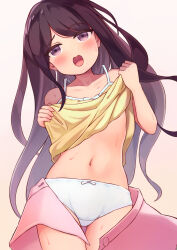 1girl blush bow bow_panties brown_hair clothes_lift collarbone flat_chest highres hot kai_ooo1 loli long_hair looking_at_viewer navel open_clothes open_mouth open_skirt original panties pink_skirt purple_eyes raised_eyebrow removing_shirt shirt shirt_lift skirt standing sweat tank_top underwear undressing white_background white_bow white_panties yellow_shirt