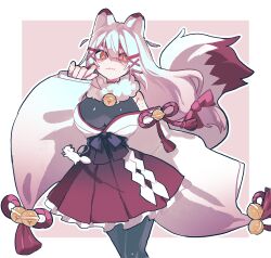 1girl animal_ears black_bodysuit body_freckles bodysuit bow breasts commission fox_ears fox_girl fox_tail freckles frills fur_collar gohei hair_between_eyes hair_bow hair_ornament hair_ribbon highres indie_virtual_youtuber japanese_clothes kagari_kitsune large_breasts long_hair long_sleeves messy_hair multicolored_hair nontraditional_miko pink_hair red_ribbon ribbon sidelocks simple_background skeb_commission skirt sleeves_past_fingers sleeves_past_wrists slit_pupils tail white_hair yellow_eyes