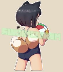 Rule 34 | 1girl, animal ears, ball, bare arms, bare shoulders, beachball, black hair, black one-piece swimsuit, brown background, cropped legs, fox ears, fox girl, fox tail, from behind, holding, holding ball, kitsune, kukuri (mawaru), looking at viewer, looking back, mawaru (mawaru), one-piece swimsuit, original, outline, romaji text, short hair, simple background, solo, swimsuit, tail, watermark, white outline