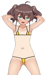 1girl ahoge aqua_eyes armpits arms_behind_head bikini brown_hair flat_chest hair_between_eyes hololive looking_at_viewer micro_bikini natsuiro_matsuri navel okunin open_mouth simple_background smile solo stomach sweat swimsuit tan tanline virtual_youtuber white_background yellow_swimsuit