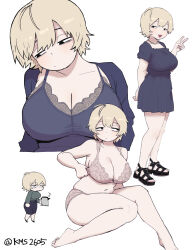 1girl :d arm_behind_back averting_eyes bare_legs bare_shoulders barefoot black_eyes black_sandals blonde_hair blue_camisole blue_dress blue_skirt blush bra breasts camisole chibi cleavage commentary dot_nose dress electric_kettle facing_viewer fang full_body green_shirt hand_up highres holding holding_kettle kettle ki_chanae_(kms2605) kms2605 lace large_breasts long_sleeves looking_at_viewer looking_to_the_side medium_skirt open_clothes open_mouth original panties pink_bra pink_panties pleated_dress sandals shirt short_dress short_hair short_sleeves simple_background sitting skirt smile straight_hair symbol-only_commentary twitter_username underwear v white_background