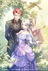 1boy 2girls :d arch arm_behind_back belt bird black_belt black_coat blonde_hair blue_eyes braid brown_jacket bush choker choppy_bangs closed_mouth coat comb_over cover cover_page day dress falling_leaves feet_out_of_frame finger_to_mouth floral_arch flower frilled_sleeves frills full_body gold_trim gown green_eyes hair_bun half_up_braid half_updo hand_on_own_chest highres jacket jealous koyami_tsukito lapels leaf long_hair long_sleeves looking_at_viewer multiple_girls novel_cover off-shoulder_dress off_shoulder official_art open_mouth outdoors outstretched_hand parted_bangs peaked_lapels pendant_choker pinafore_dress pink_dress pink_eyes pink_flower pink_rose profile purple_choker purple_dress red_hair rose shirt short_hair shukujo_no_kan_yamemashita sideways_glance skirt_hold sleeveless sleeveless_dress smile standing swept_bangs white_hair white_shirt
