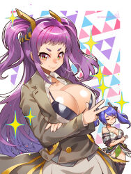 1girl black_bra black_thighhighs blue_hair blush bra breasts brown_jacket camouflage cleavage closed_eyes collarbone detached_sleeves djinnia_(last_origin) green_leotard hair_ornament highres imitating jacket large_breasts last_origin leotard long_hair looking_at_viewer pixiv_id purple_hair shiny_skin shirt signature smile sparkle sylphid_(last_origin) thighhighs triangle_background twintails twitter_username two_side_up umigarasu_(kitsune1963) underwear v-shaped_eyebrows very_long_hair w white_shirt