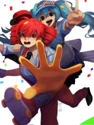 2girls ahoge apron back_bow black_eyes black_necktie blue_dress blue_hair blue_hat bow breasts carrying collared_dress collared_shirt confetti corrupted_twitter_file crunchy_melty dress drill_hair fallen_down feet_out_of_frame grabbing_another&#039;s_shoulder hair_between_eyes hat hat_bow hatsune_miku highres kasane_teto kepi leg_up mesmerizer_(vocaloid) military_hat multiple_girls necktie outstretched_arm outstretched_arms pants photoshop_(medium) piggyback pinstripe_dress pinstripe_hat pinstripe_pattern red_bow red_eyes red_hat red_pants roller_skates sailor_collar sharp_teeth shirt short_sleeves skates sleeves_rolled_up small_breasts solid_circle_eyes standing standing_on_one_leg striped_clothes striped_shirt teeth tongue tongue_out twin_drills twintails two-tone_bow upper_teeth_only utau v visor_cap vocaloid waist_apron white_apron white_background white_bow white_sailor_collar white_shirt white_wrist_cuffs wing_collar wrist_cuffs