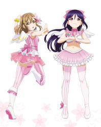 2girls angel_wings artbook asymmetrical_legwear blush boots bow brown_hair crop_top feathered_wings floating_hair flower frilled_skirt frills full_body hair_between_eyes hair_bow hair_ornament highres jewelry kunikida_hanamaru layered_skirt leg_up long_hair looking_at_viewer love_live! love_live!_sunshine!! matsuura_kanan midriff miniskirt multiple_girls navel non-web_source official_art open_mouth own_hands_together pink_bow pink_ribbon pink_skirt pink_thighhighs purple_eyes purple_hair ribbon scrunchie shirt simple_background skirt sleeveless smile standing standing_on_one_leg stomach striped_clothes striped_thighhighs thighhighs vertical-striped_clothes vertical-striped_thighhighs white_background white_wings wings wrist_scrunchie yellow_eyes zettai_ryouiki