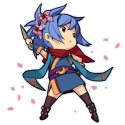Rule 34 | 1girl, :&lt;, black sandals, blue dress, blue hair, brown thighhighs, chibi, chibi only, closed mouth, commentary request, crescent, dagger, dress, folded ponytail, full body, holding, holding dagger, holding knife, holding weapon, knife, kunai, looking afar, meranie, ninja (ragnarok online), obi, obijime, orange eyes, petals, pinwheel hair ornament, purple sash, ragnarok online, red scarf, sandals, sash, scarf, short hair, simple background, sleeveless, sleeveless dress, solo, thighhighs, v-shaped eyebrows, vambraces, weapon, white background, zouri