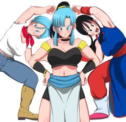 2girls angry bare_shoulders black_eyes black_hair blue_eyes blue_hair blush boots breasts bulma chi-chi_(dragon_ball) china_dress chinese_clothes choker cleavage denim dragon_ball dragon_ball_super dress feet female_focus fusion groin hair_bun hands_on_own_hips hazama_null jeans large_breasts legs legs_apart long_hair looking_at_viewer midriff multicolored_hair multiple_girls navel open_mouth pants pelvic_curtain ponytail red_scarf scarf shirt short_hair simple_background single_hair_bun smile standing strapless thighs tube_top two-tone_hair v-shaped_eyebrows white_background white_shirt