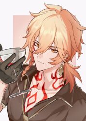 1boy alternate_costume black_gloves black_shirt blonde_hair braid chest_tattoo collared_shirt cup earrings eren_330520 facial_tattoo gloves gold_earrings gradient_hair hair_between_eyes half_gloves hashtag-only_commentary highres holding holding_cup honkai:_star_rail honkai_(series) jewelry looking_at_viewer male_focus medium_hair multicolored_hair mydei_(honkai:_star_rail) red_hair red_tattoo shirt side_braid solo tattoo yellow_eyes