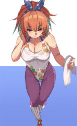1girl aqua_hair bare_arms bare_shoulders blue_background blue_hairband bow_hairband breasts chinese_commentary cleavage colored_inner_hair commentary_request floral_print floral_print_leotard from_above full_body green_hair hairband highleg highleg_leotard highres holding holding_towel hololive hololive_english large_breasts leg_warmers leggings leotard long_hair looking_at_viewer ludwigtk messy_hair multicolored_hair official_alternate_costume official_alternate_hairstyle orange_hair pants pink_leggings print_leotard purple_eyes solo sweat takanashi_kiara takanashi_kiara_(fever_night) towel two-tone_background very_sweaty virtual_youtuber white_background white_leg_warmers white_leotard white_sneakers wide_ponytail yoga_pants