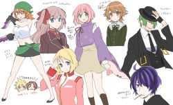 aerith_gainsborough blazblue blonde_hair blue_eyes borrowed_character breasts character_request closed_mouth cloud_strife danganronpa_(series) final_fantasy final_fantasy_iii final_fantasy_vii gundam knife krudears long_hair looking_at_viewer medium_hair mobile_suit_gundam multiple_boys multiple_girls open_mouth raquel_applegate refia sayla_mass short_hair simple_background skirt smile square_enix thief_(final_fantasy) weapon white_background wild_arms wild_arms_4