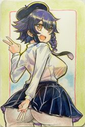 Rule 34 | 1girl, anzio school uniform, ass, ass focus, beret, black hat, black necktie, black skirt, blue hair, blue skirt, border, bra, bra visible through clothes, braid, breasts, brown eyes, buttoned cuffs, buttons, commentary request, covering crotch, covering privates, crotch, dark blue hair, double v, dress shirt, from behind, girls und panzer, hat, highres, large breasts, long sleeves, looking at viewer, miniskirt, nabeyu, necktie, open mouth, painting (medium), pantyhose, pepperoni (girls und panzer), pleated skirt, scan, school uniform, shirt, short hair, side braid, single braid, skirt, sky, smile, solo, standing, traditional media, translation request, underwear, v, watercolor pencil (medium), white pantyhose, white shirt, yellow border