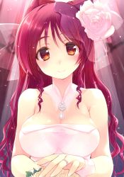 Rule 34 | 1girl, absurdres, amazuyu tatsuki, blush, bouquet, breasts, brown eyes, choker, cleavage, female focus, flower, hair flower, hair ornament, head tilt, highres, holding, holding bouquet, jewelry, kousaka tamaki, large breasts, long hair, looking at viewer, red hair, ring, smile, solo, strapless, to heart, to heart (series), to heart 2, twintails, upper body, very long hair, wedding ring, white flower, wrist cuffs