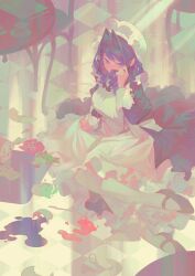 1girl apron black_dress blue_eyes blue_hair chair checkered_floor dress hair_intakes hat highres hololive hololive_english leonardo_vincent long_hair maid_apron mary_janes mob_cap official_alternate_costume official_alternate_hairstyle ouro_kronii ouro_kronii_(maid) pantyhose shoes solo spill table virtual_youtuber white_apron white_pantyhose