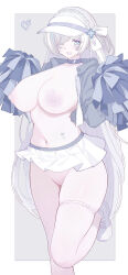 1girl absurdres azur_lane blue_eyes braid breasts censored choker cleavage colored_nipples colored_skin cropped_jacket foot_out_of_frame grey_choker grey_jacket hair_ribbon heart highleg highleg_panties highres holding holding_pom_poms huge_breasts jacket large_variant_set londom_(lonhomewell) long_hair microskirt mosaic_censoring navel nipples open_clothes open_jacket open_mouth panties pom_pom_(cheerleading) pom_poms revealing_clothes ribbon skindentation skirt solo standing standing_on_one_leg tb_(azur_lane) thigh_strap underwear variant_set very_long_hair white_hair white_nipples white_ribbon white_skin white_skirt white_sneakers white_theme