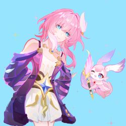 2girls bare_shoulders blue_background blue_eyes chinese_commentary coat commentary_request cyrene_(honkai:_star_rail) deliver_han dress highres holding holding_quill honkai:_star_rail honkai_(series) jewelry looking_at_viewer medium_hair mem_(honkai:_star_rail) multicolored_hair multiple_girls necklace pink_hair purple_coat quill simple_background smile tail two-tone_hair white_dress white_hair